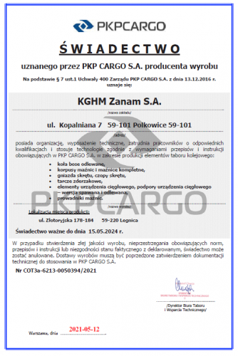 Świadectwo uznanego przez PKP Cargo S.A producenta wyrobu