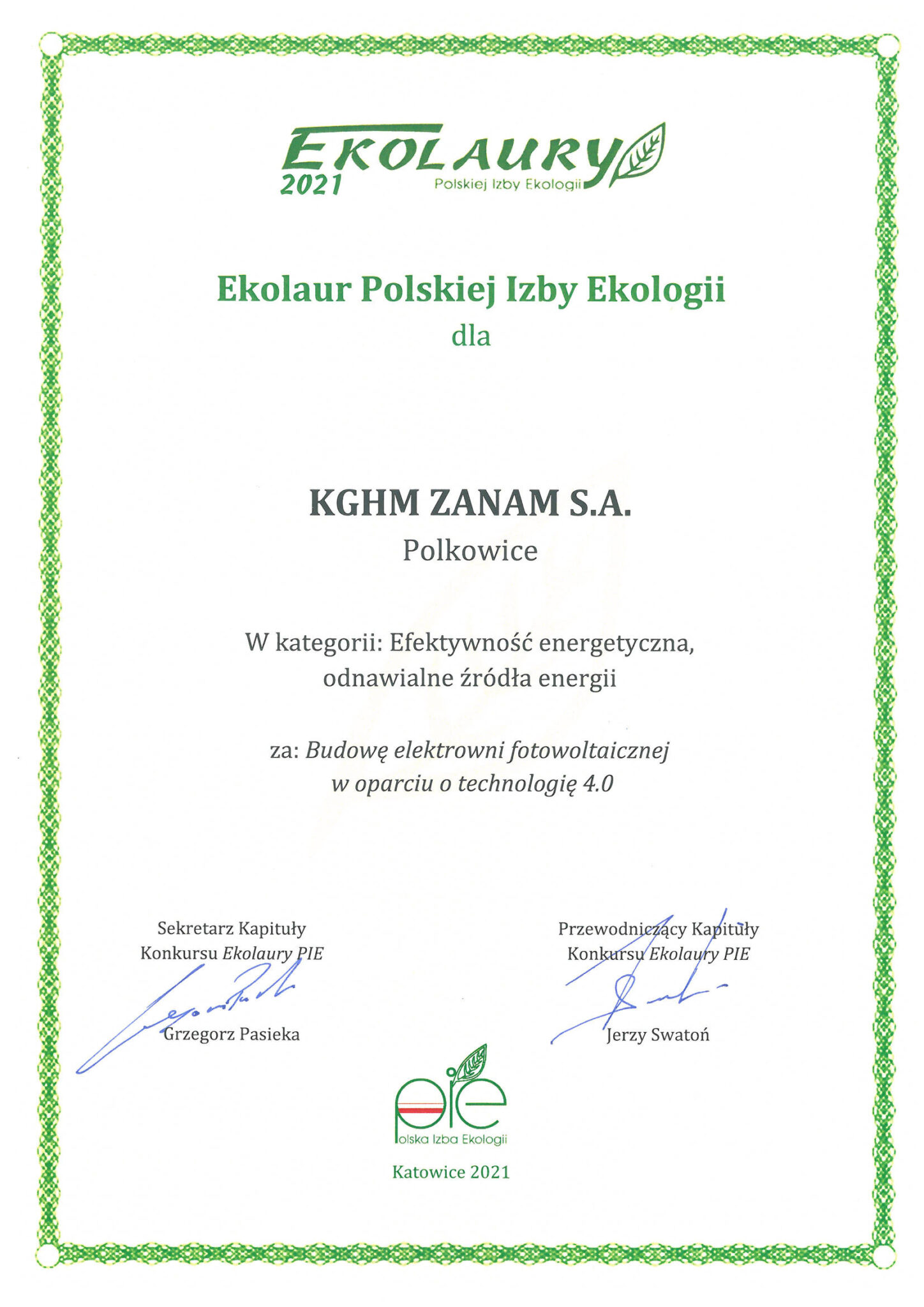 Dyplom Ekolaur Polskiej Izby Ekologii